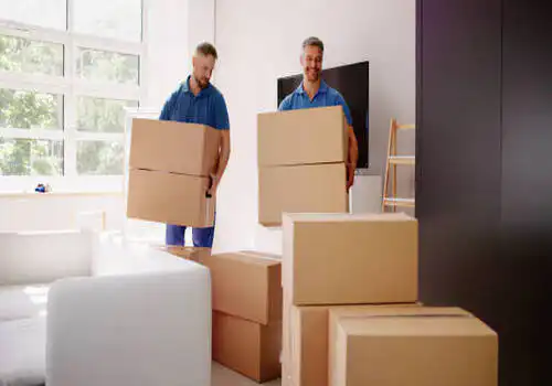 Movers Delivering Packaging Boxes. Moving And Relocation