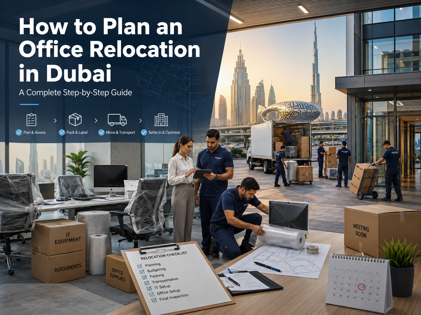 Office relocation in Dubai movers packing a workspace