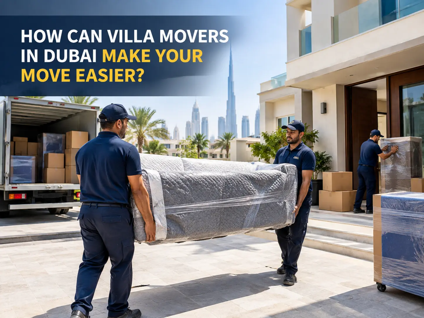 Villa movers in Dubai unloading a moving truck outside a villa