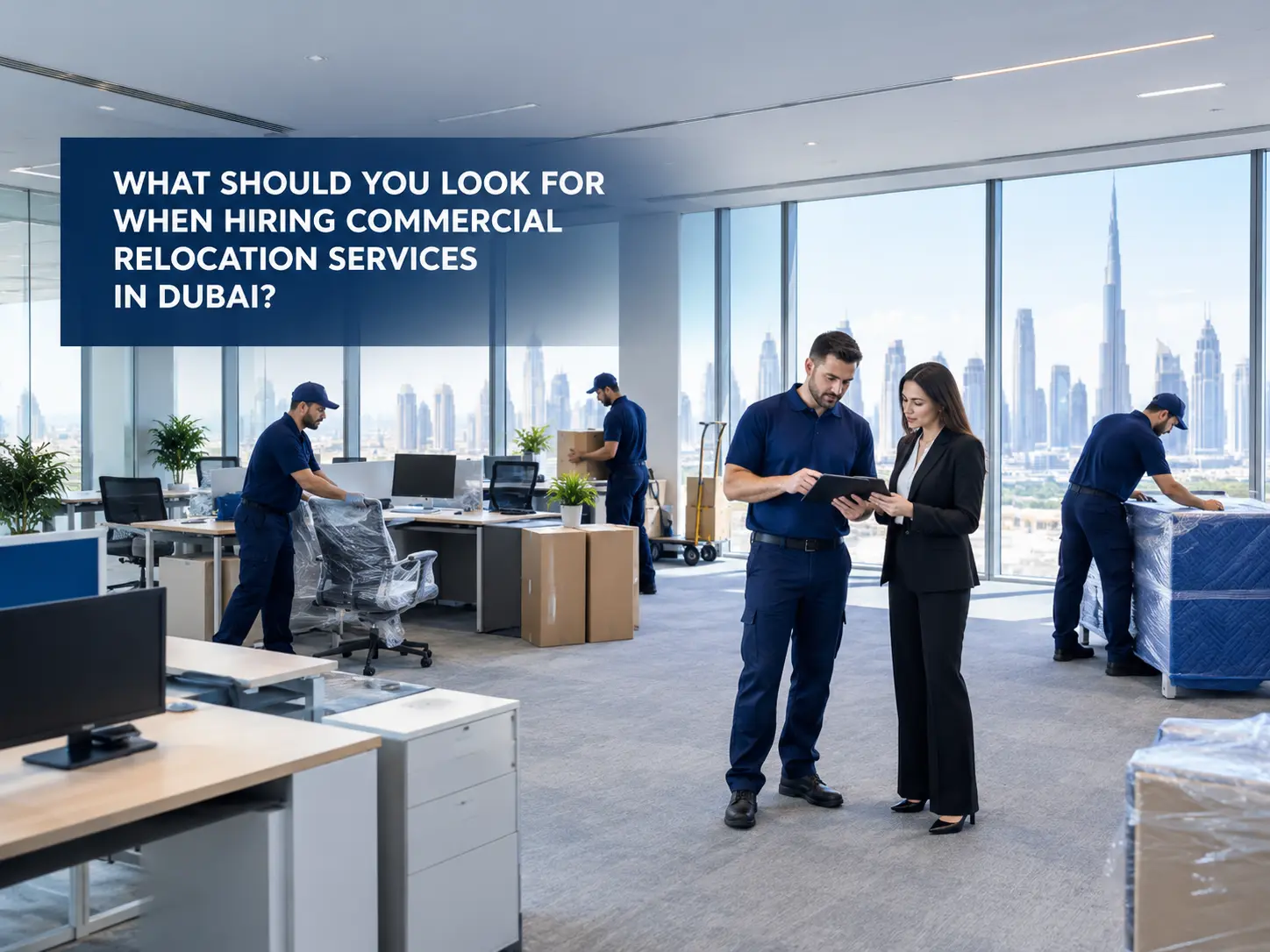 Commercial relocation services in Dubai team packing an office