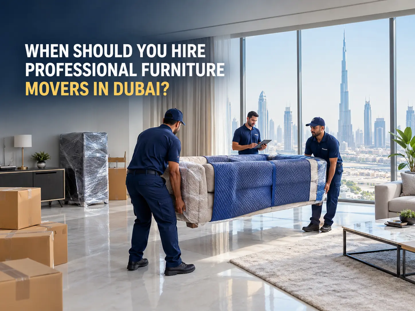 Furniture movers in Dubai carrying a sofa into an apartment building
